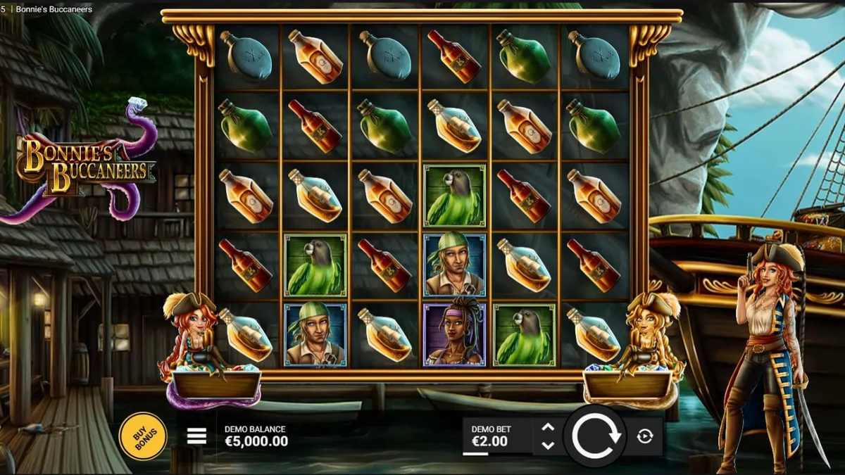 Pemandangan layar permainan slot Bonnie’s Buccaneers dengan tema bajak laut dan peti harta karun.
