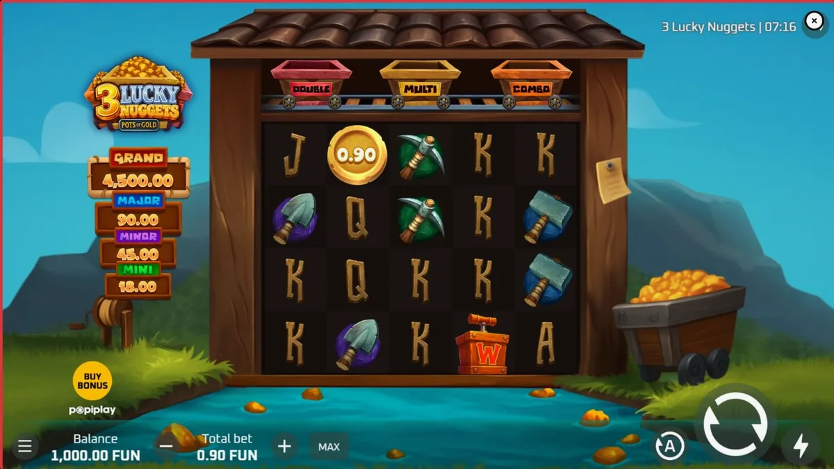 Tampilan visual slot 3 Lucky Nuggets dengan tema pertambangan dan koin emas